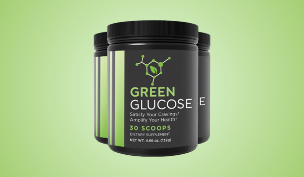 Green Glucose dietary supplement jar with 30 scoops for blood sugar support and appetite control